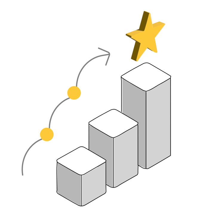 Illustration med tre trappsteg och en stjärna som symboliserar utveckling och lärande.